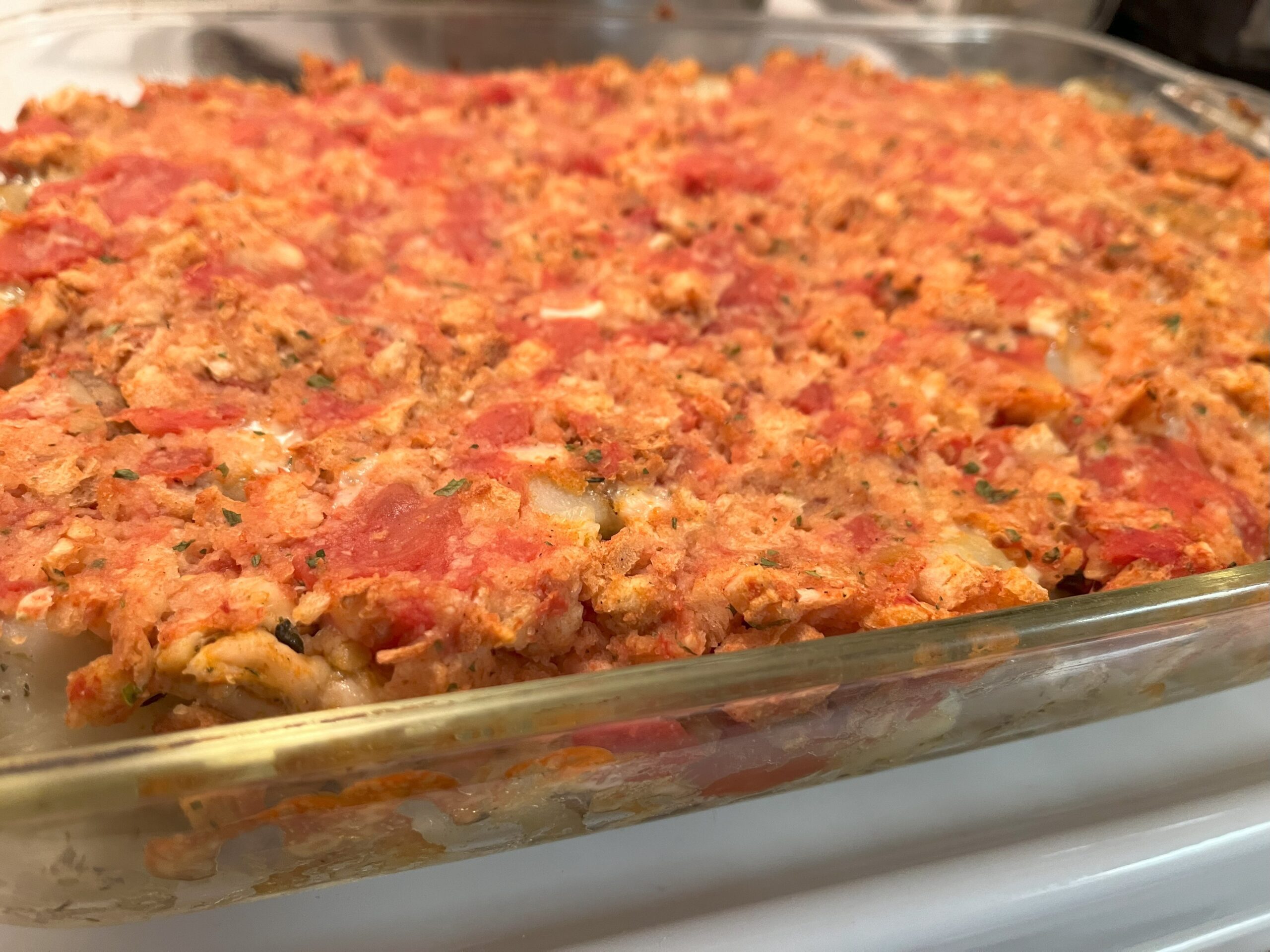 Chicken stuffing casserole after cooking in the oven.